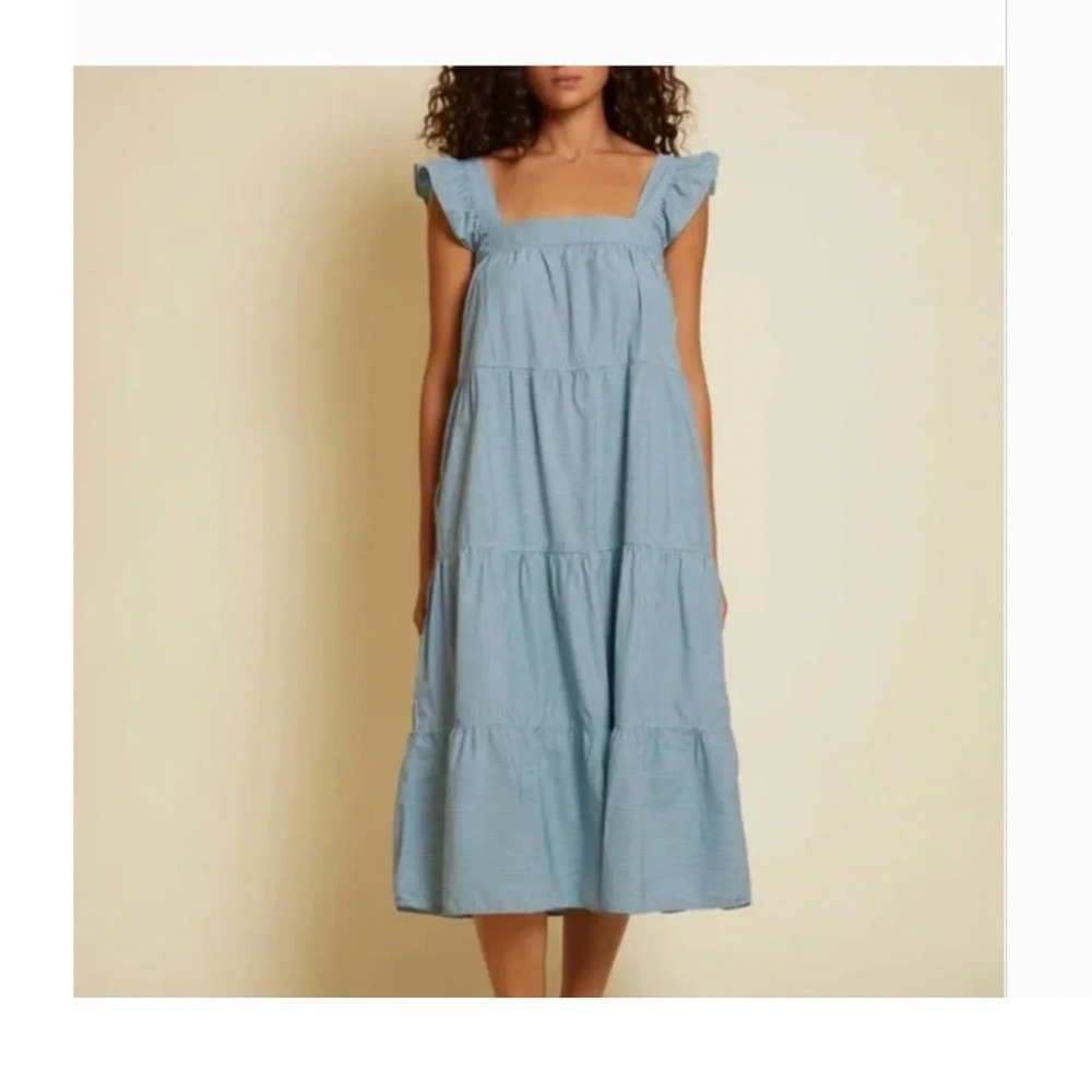 Nation LTD Camille Midi Dress Blue White Striped Pima Cotton Ruffle Strap XS